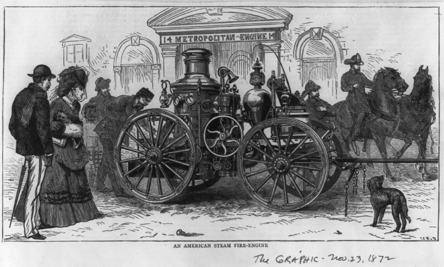An American steam fire engine, 1872 Nov. 23. — antique engraving