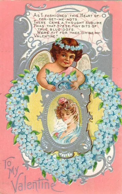 Valentine postcard with cherub and forget-me-nots
