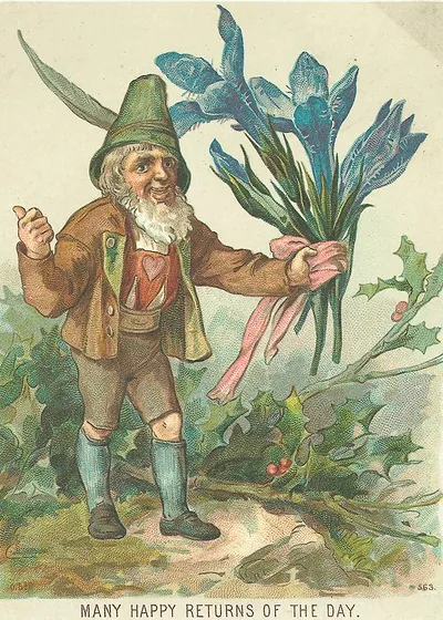 Elf holding blue flowers, Many Happy Returns of the Day card