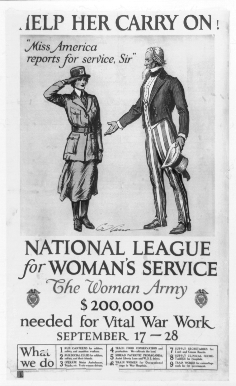 Help her carry on! National League for Womens Service / design by Charles Dana Gibson., 1918 — historic image