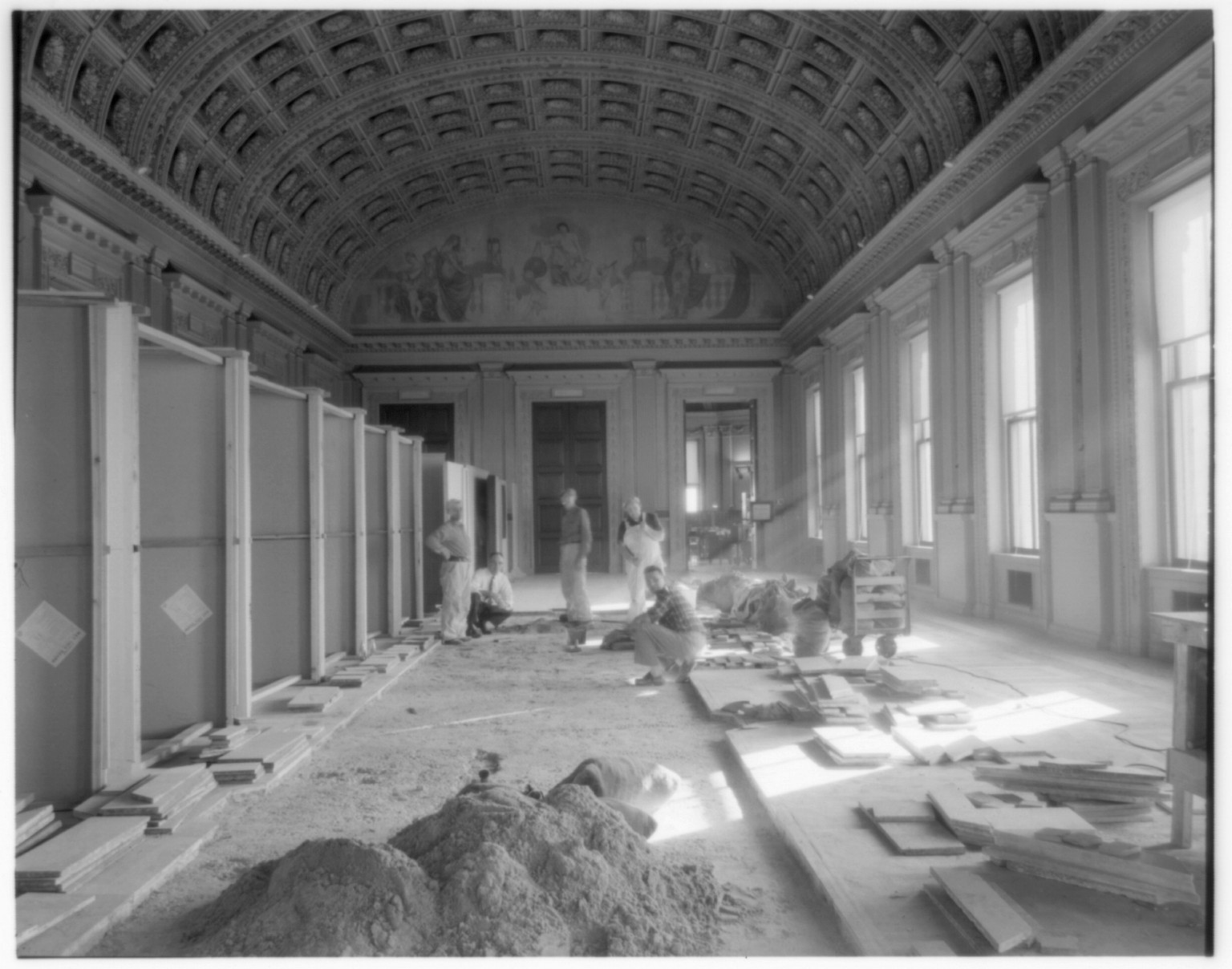 [Library of Congress interiors, 1958: South Gallery, 2nd floor; marble floor after repair; work beginning], 1958 — historic photograph
