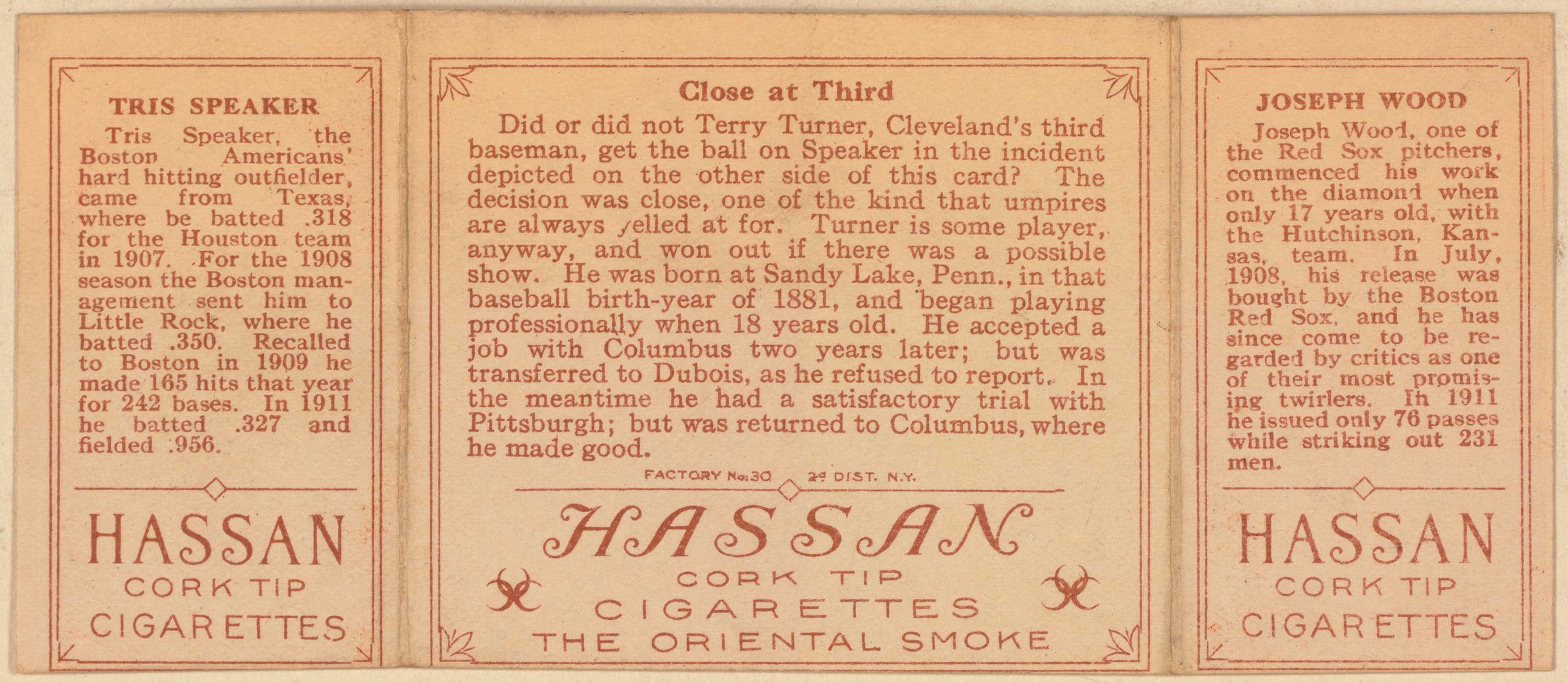 Hassan Cork Tip Cigarettes baseball card foldout: Tris Speaker, Joseph Wood — historic image