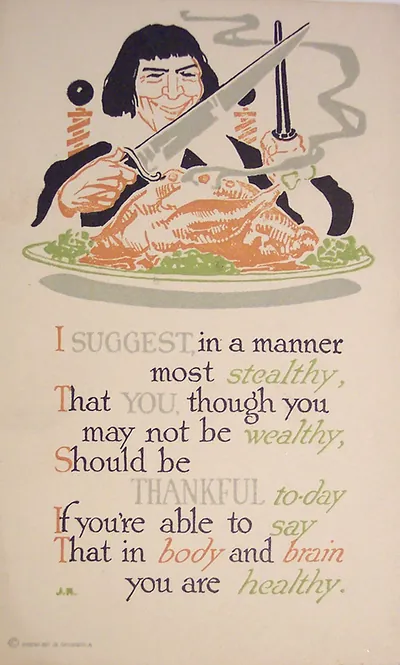 Illustrated Thanksgiving verse card with woman carving turkey