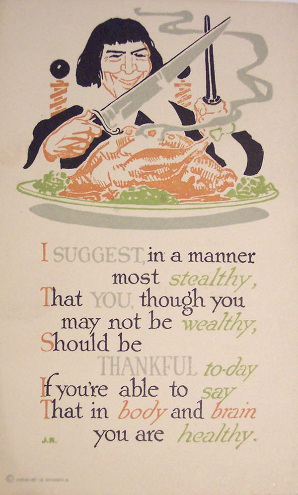 Illustrated Thanksgiving verse card with woman carving turkey — historic image
