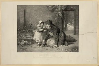 Spare the Weeds: engraving of a girl and old man in garden