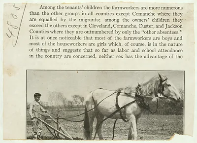 Boy guiding horse-drawn plow beside typed page on farmworkers