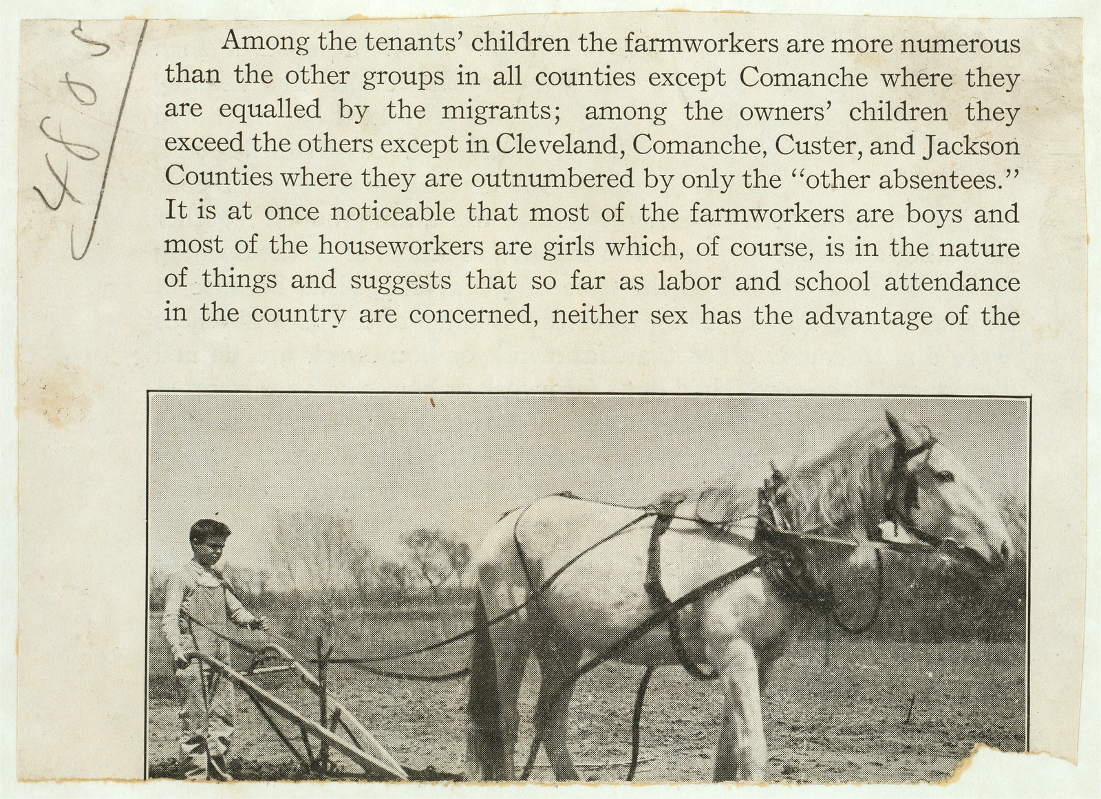 Boy guiding horse-drawn plow beside typed page on farmworkers — historic image