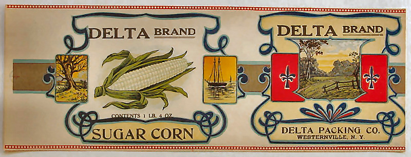Delta Brand Sugar Corn can label, Delta Packing Co., Westernville, N.Y. — historic image