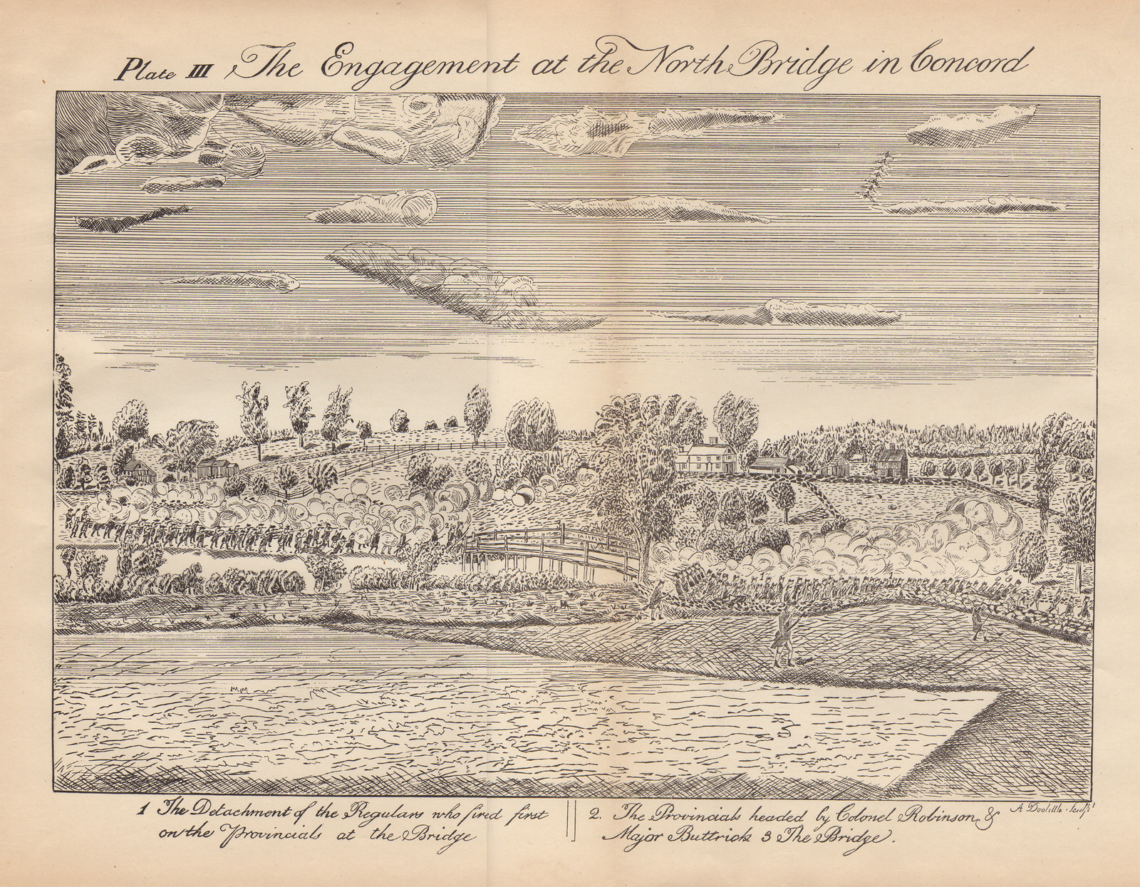 Concord North Bridge Engagement, Massachusetts, 1775, 1775 — antique map