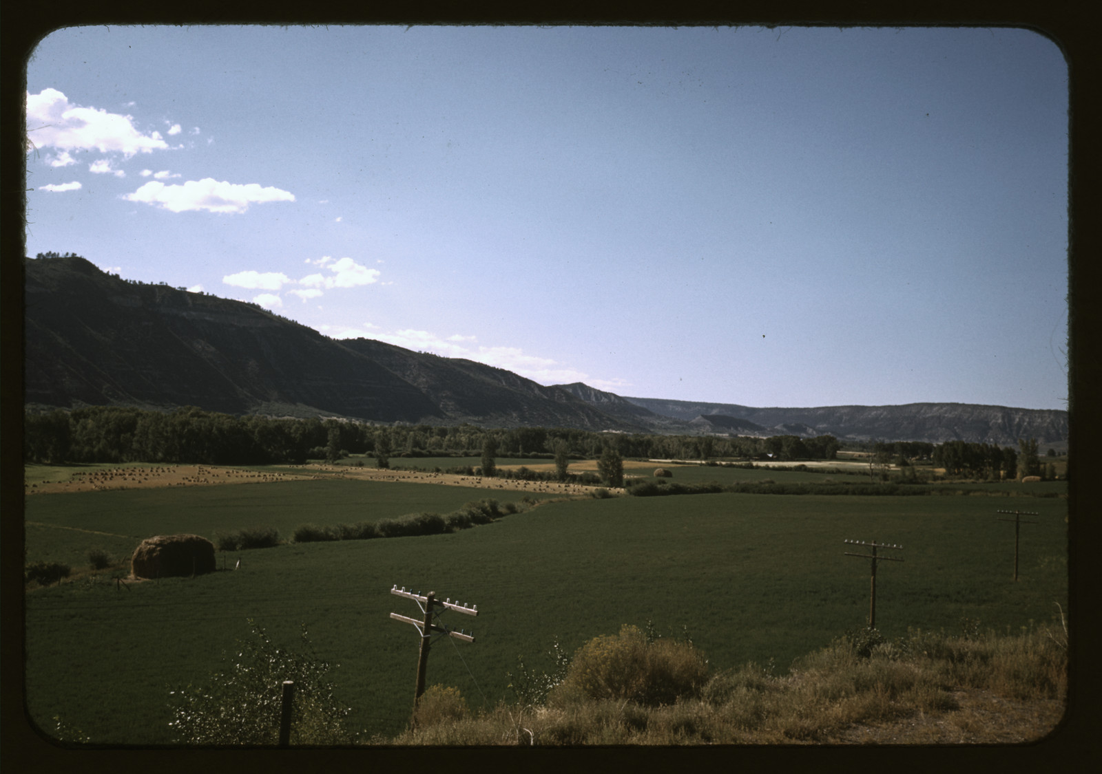 Irrigated green fields and hay bale below a mesa — historic image