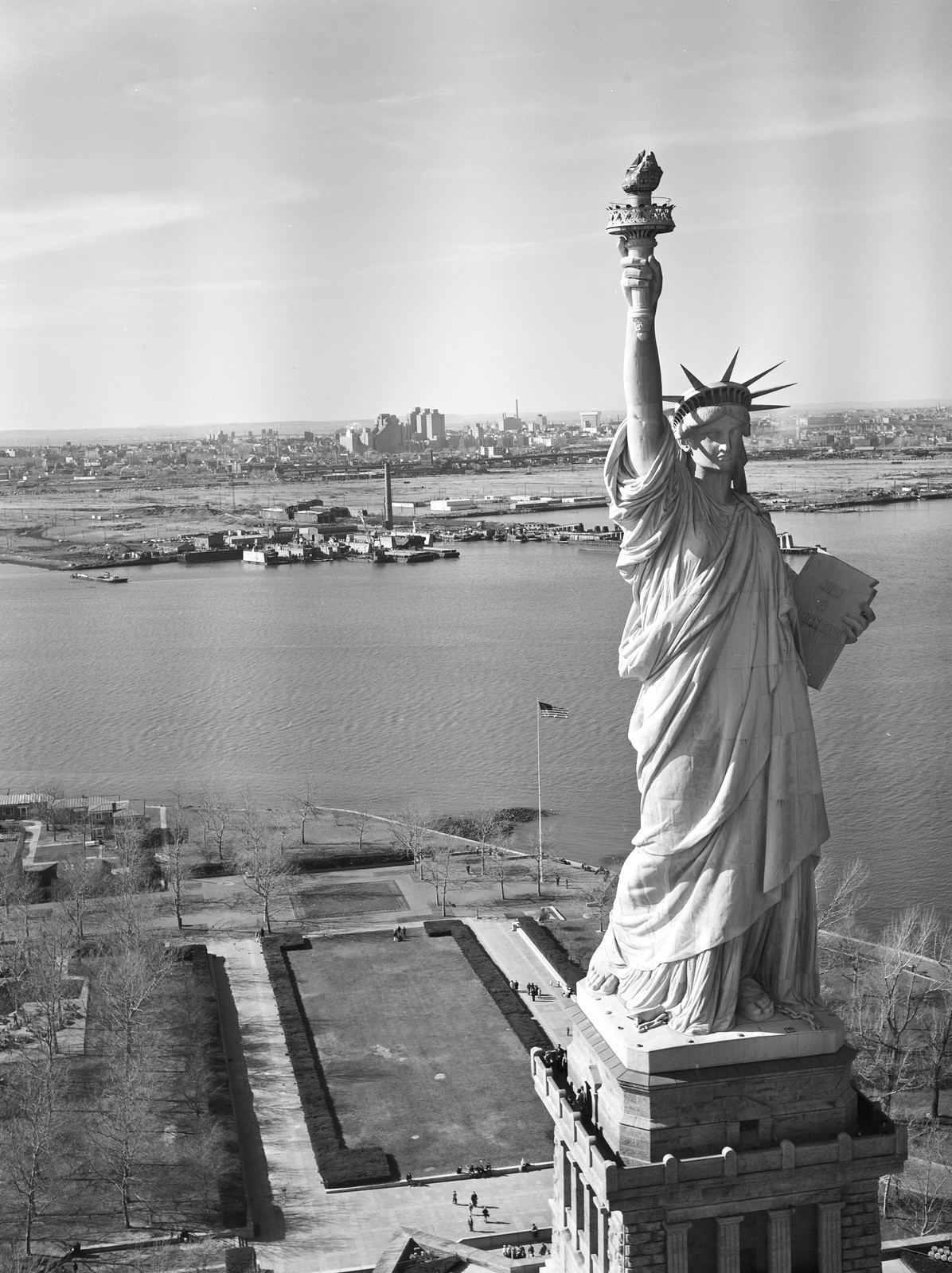 Aerial view of the Statue of Liberty above New York harbor — historic image