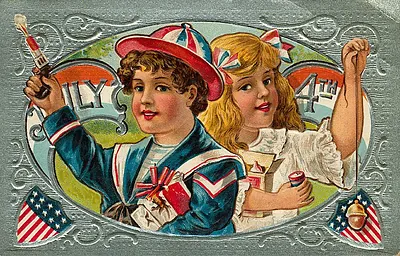 Vintage July 4th postcard with children and firecrackers