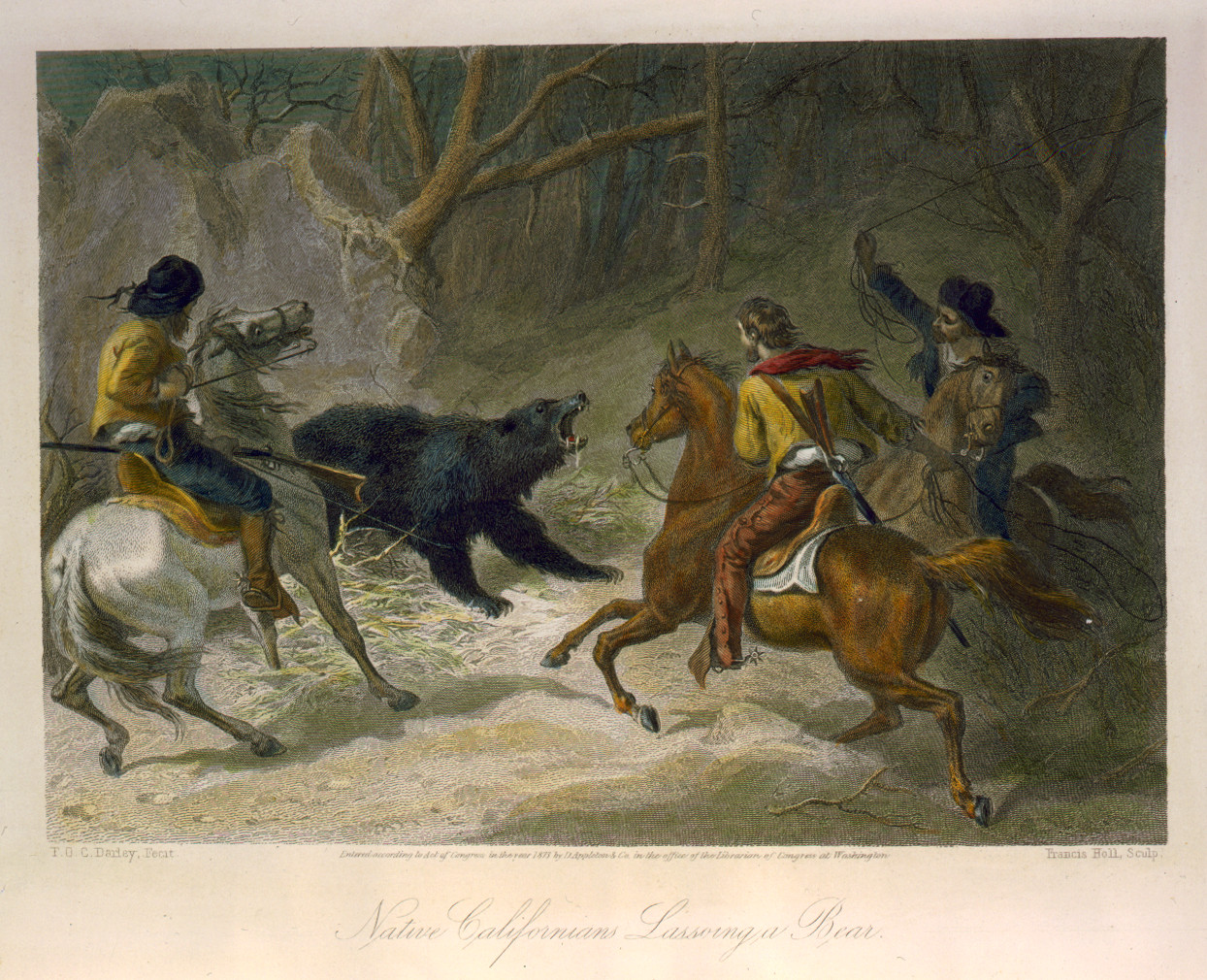 Native Californians lassoing a bear / F.O.C. Darley, fecit ; Francis Holl, sculp., New York : D. Appleton & Co., c1873. — antique lithograph