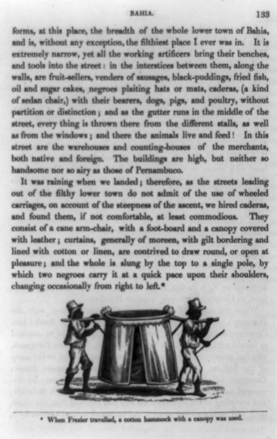 [Illustration showing two Brazilian slaves in Bahia carrying cloth covered sedan chair on shoulders with woman inside, with surrounding text], [1824?] — historic print