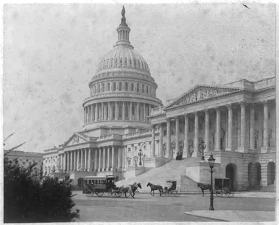 [U.S. Capitol, Washington, D.C. East Front from N.E., with horses and carriages in front]