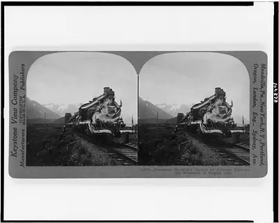 President Harding's Special on Alaskan Railway, the President in engine cab