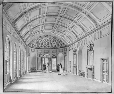 Elegant interior hall with coffered ceiling and figures