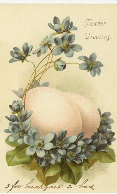 Easter Greeting postcard with eggs and blue flowers