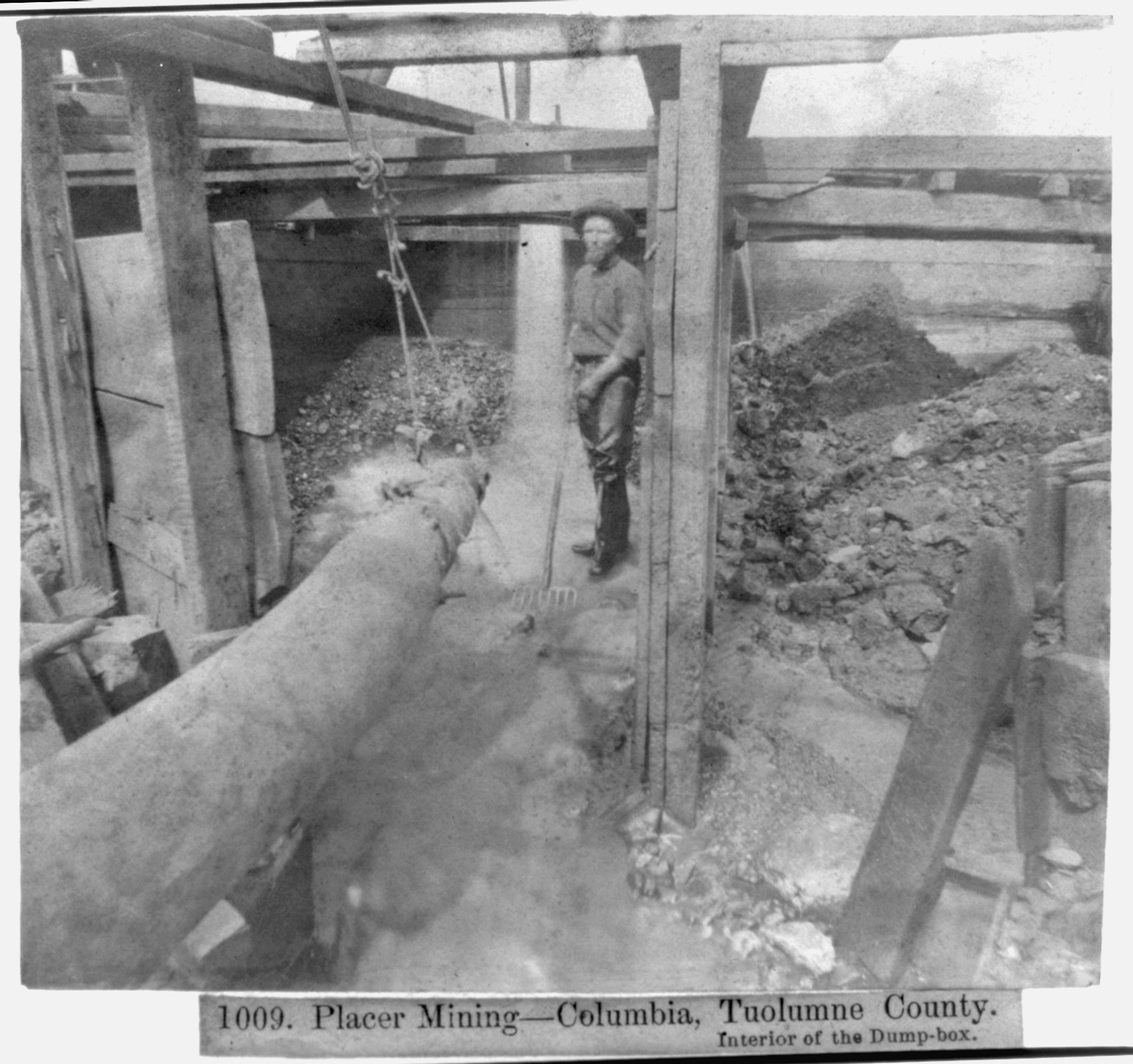 Placer Mining--Columbia, Tuolumne County - Interior of the Dump-box, [published 1866] — historic photograph