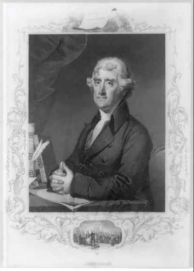 [Thomas Jefferson, half length portrait, seated at desk, facing left]