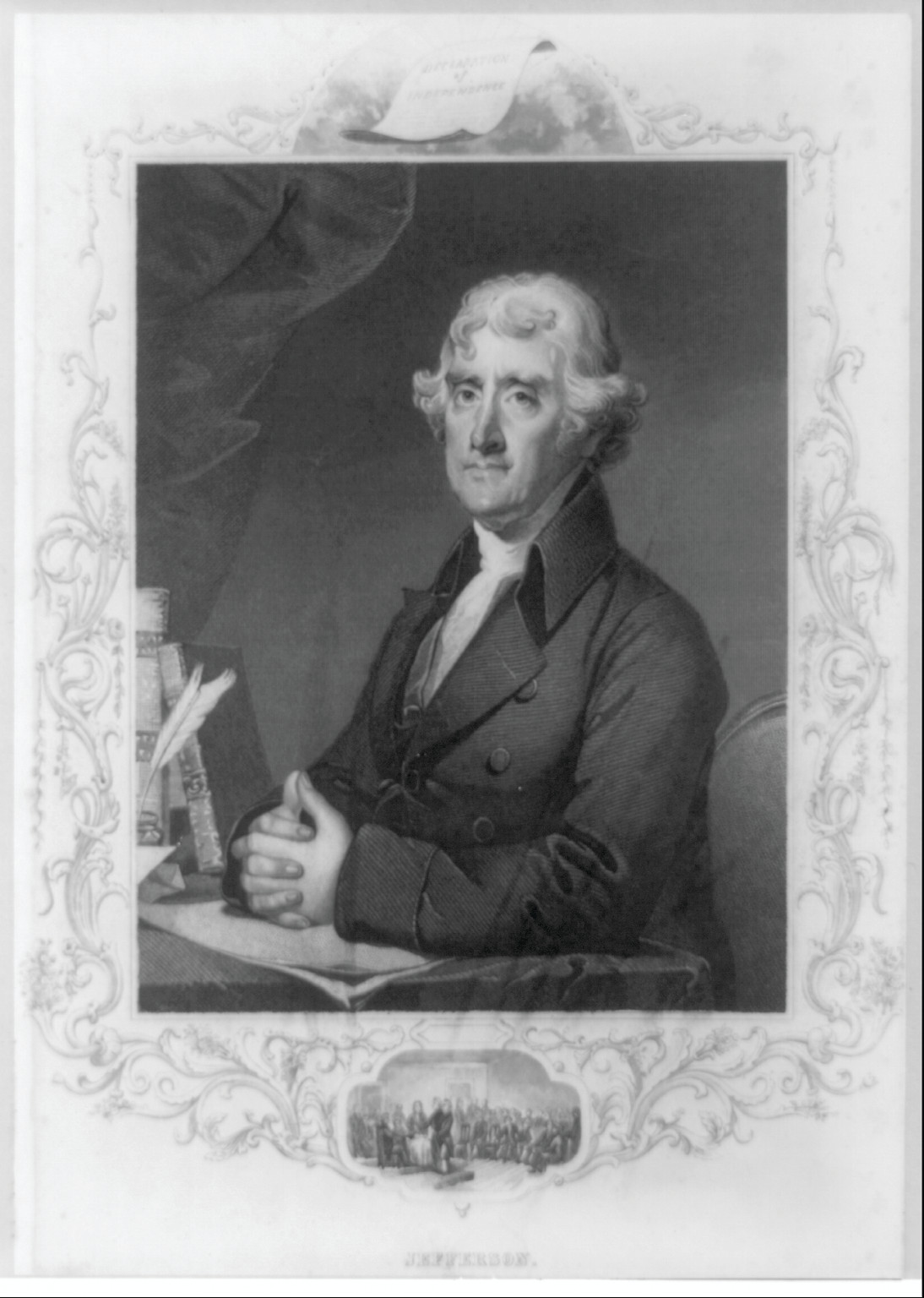 [Thomas Jefferson, half length portrait, seated at desk, facing left] — antique engraving