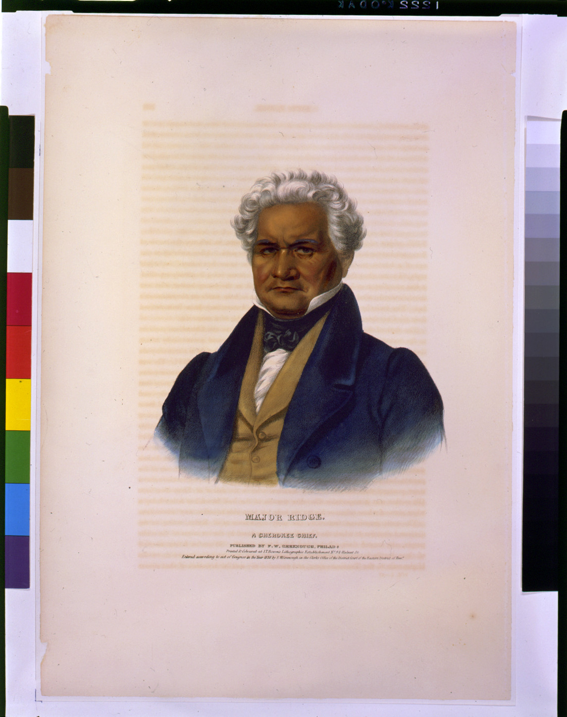 Major Ridge, a Cherokee chief / printed & coloured at I.T. Bowen's Lithographic Establishment., Philada. : published by F.W. Greenough, c1838. — antique lithograph