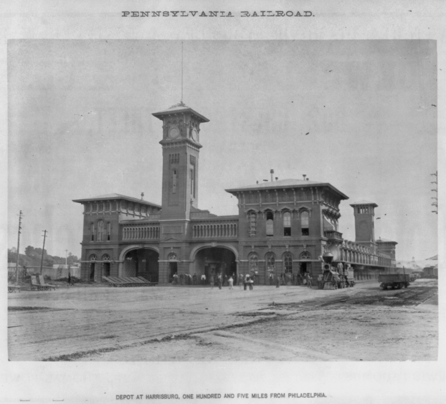 [Pennsylvania Railroad advertising material: Depot at Harrisburg one hundered and five miles from Philadelphia"]", c1874. — historic photograph
