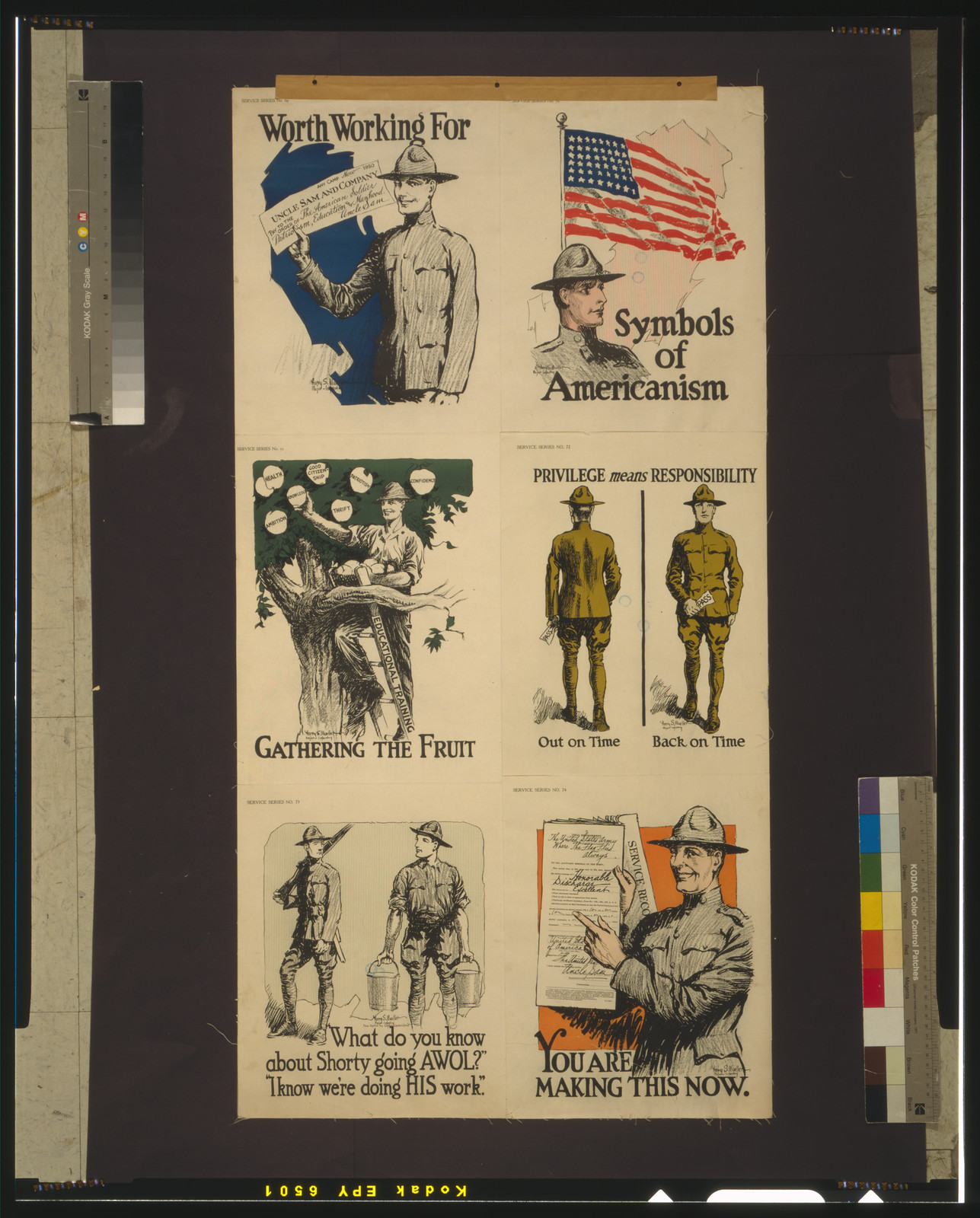 WWI Army recruitment poster with multiple panels — vintage poster