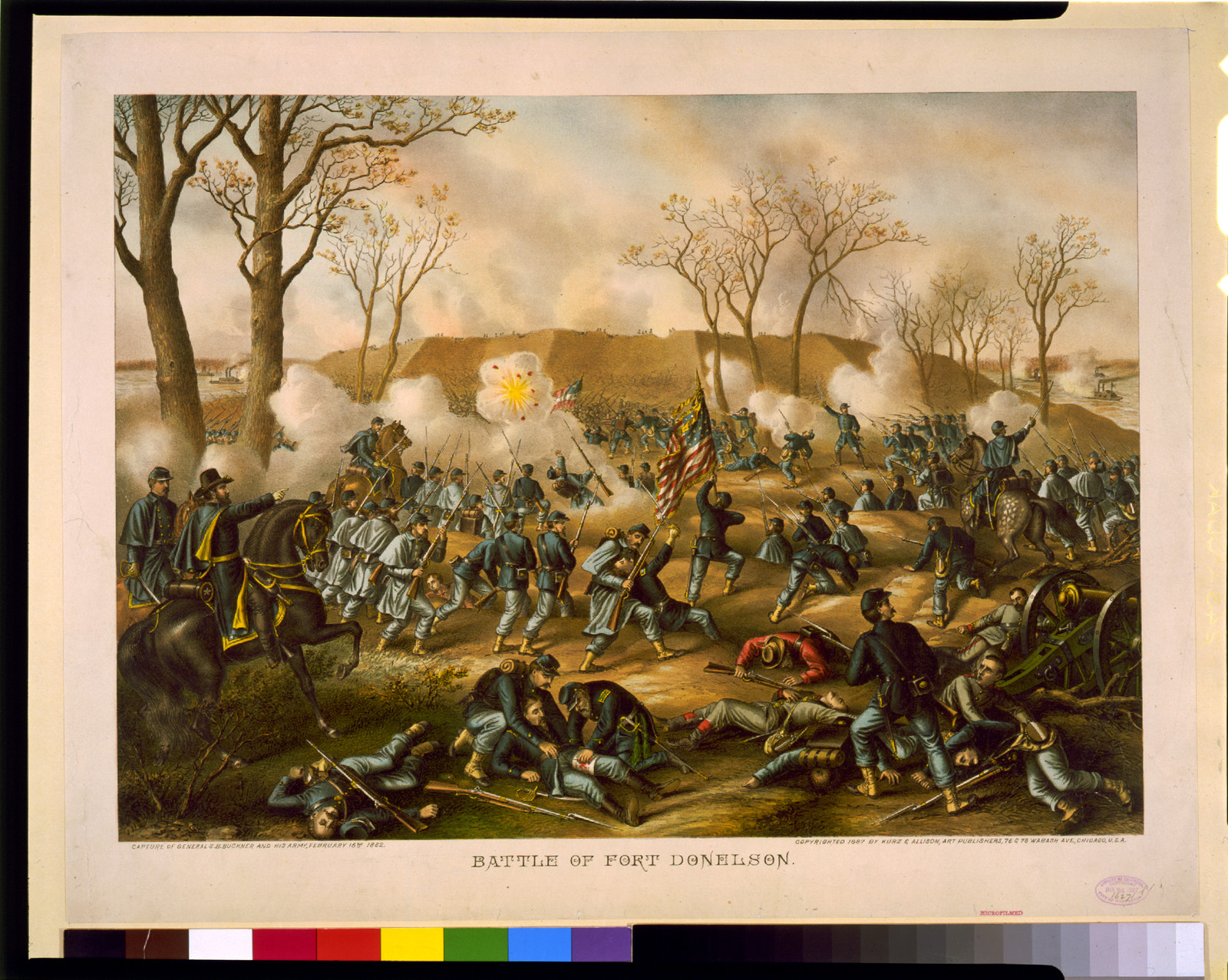Battle of Fort Donelson--Capture of Generals S.B. Buckner and his army, February 16th 1862, c1887. — antique lithograph