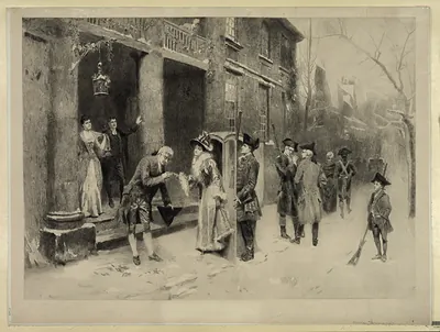 Engraved winter street scene with figures in snow