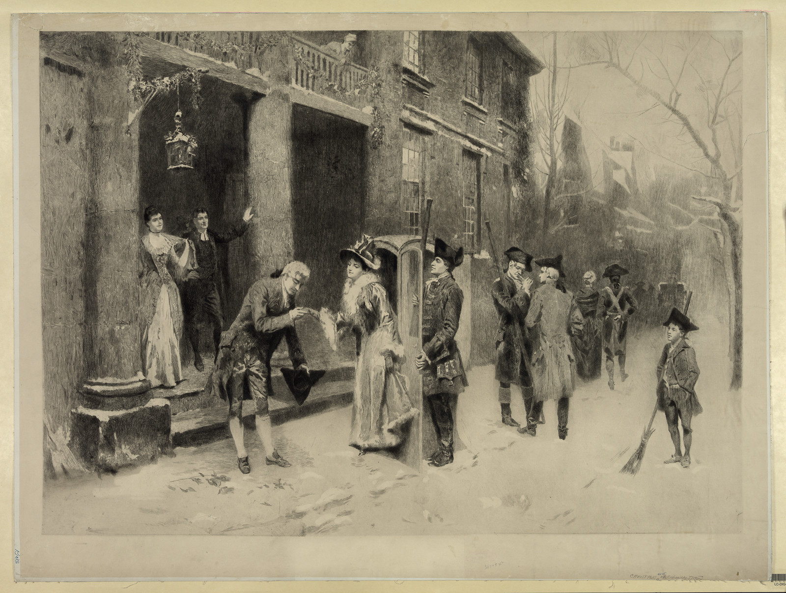 Engraved winter street scene with figures in snow — historic image