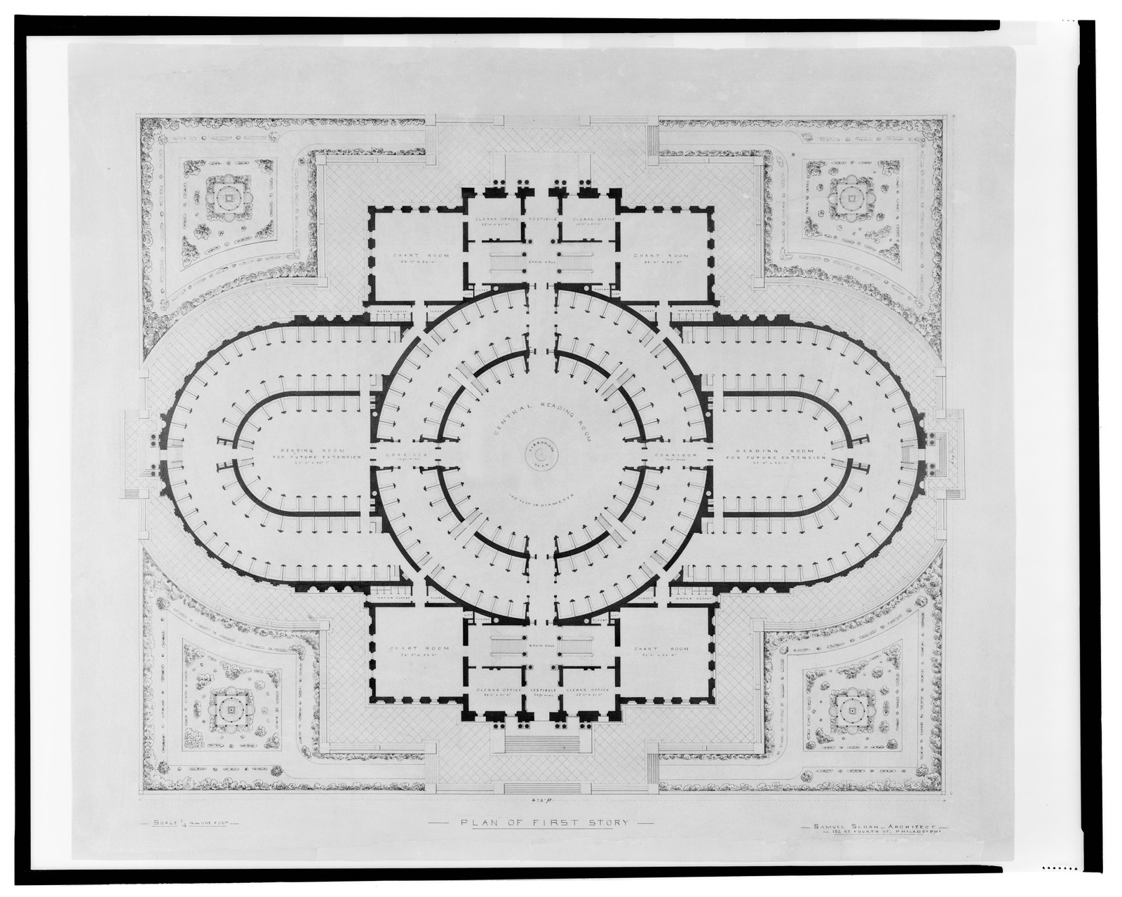 [Library of Congress, Washington, D.C. Plan of first story, site plan], and Engineering (ADE) Drawings" (http://www.loc.gov/rr/print/res/103_ade.html)." — historic drawing