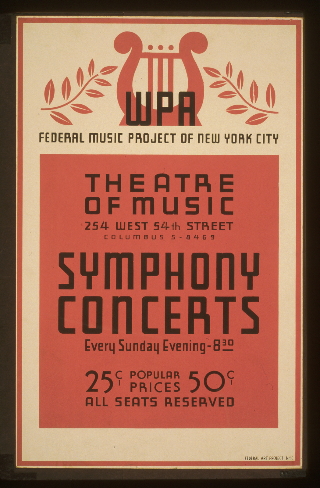 Symphony concerts WPA Federal Music Project of New York City Theatre of Music., 1936 — vintage poster