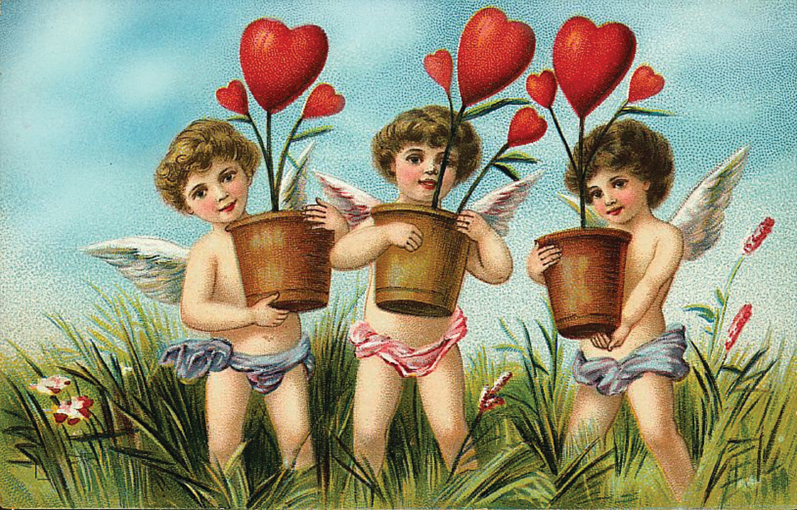 Vintage Valentine card with three cherubs holding heart plants — historic image