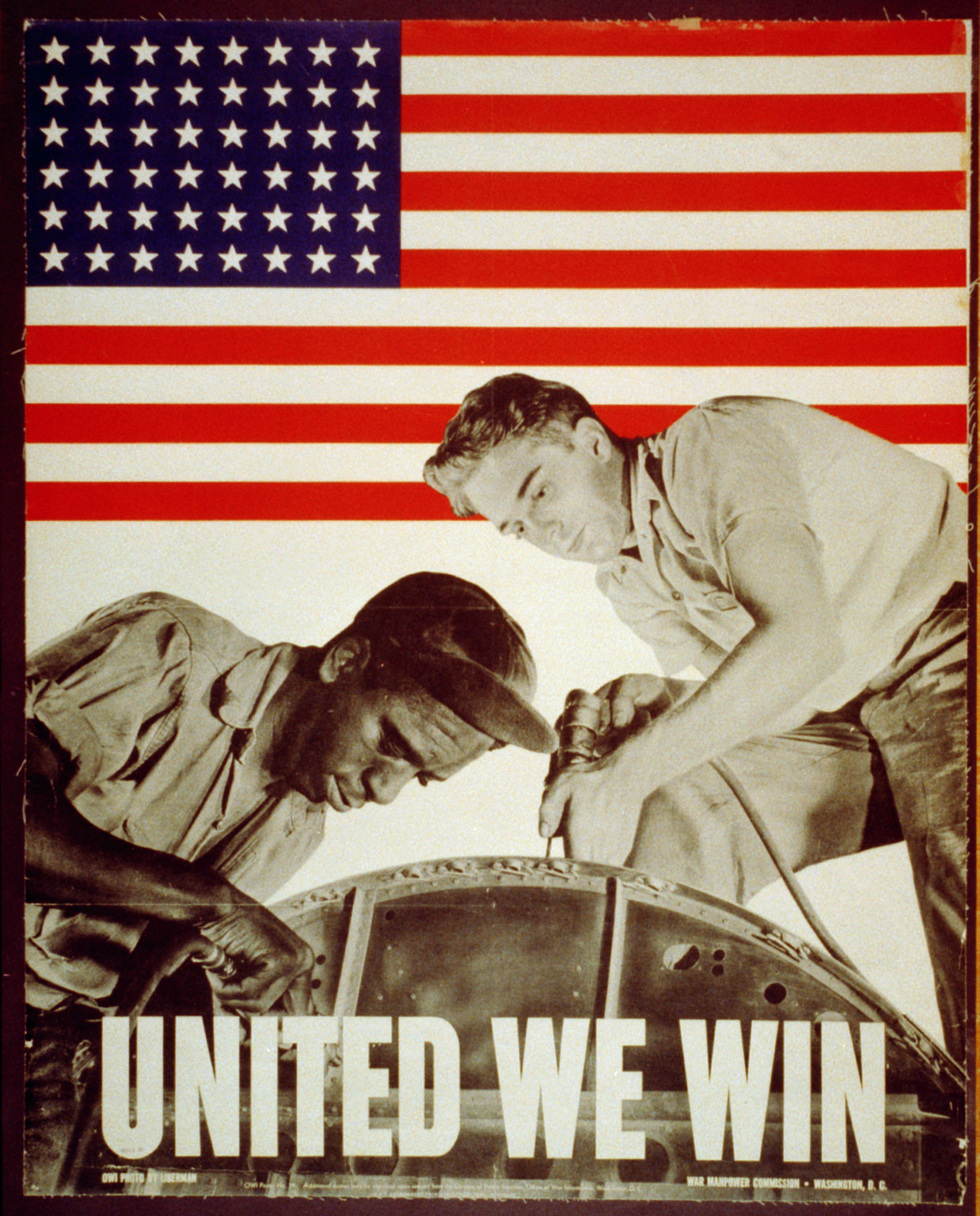 United we win. War Manpower Commission, Washington, D.C. / O.W.I. photo by Liberman., [Washington, D.C.]: U.S. Government Printing Office, 1943. — vintage poster