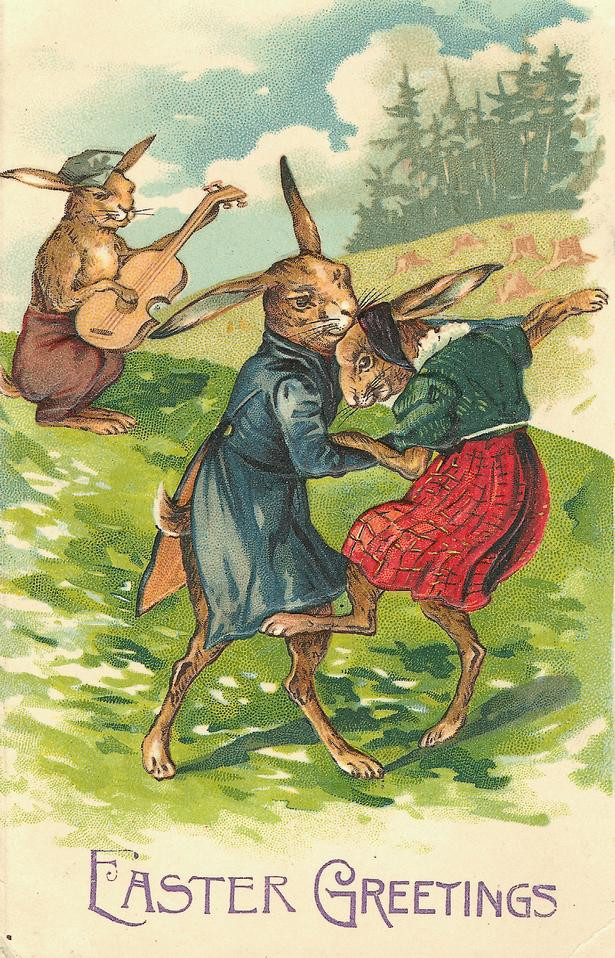 Easter Greetings postcard with dancing rabbits and a guitarist — vintage postcard