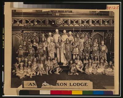 [Group portrait of Freemasons of Anglo-Saxon Lodge, seated and standing, in ceremonial dress