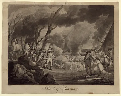 Battle of Lexington, engraved battle scene with soldiers and smoke