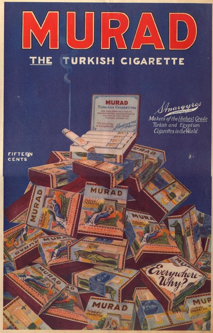Murad The Turkish Cigarette advertising poster with cigarette packs — vintage poster
