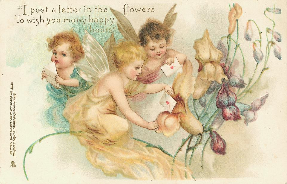 Fairies posting letters among flowers: "I post a letter in the flowers — historic image
