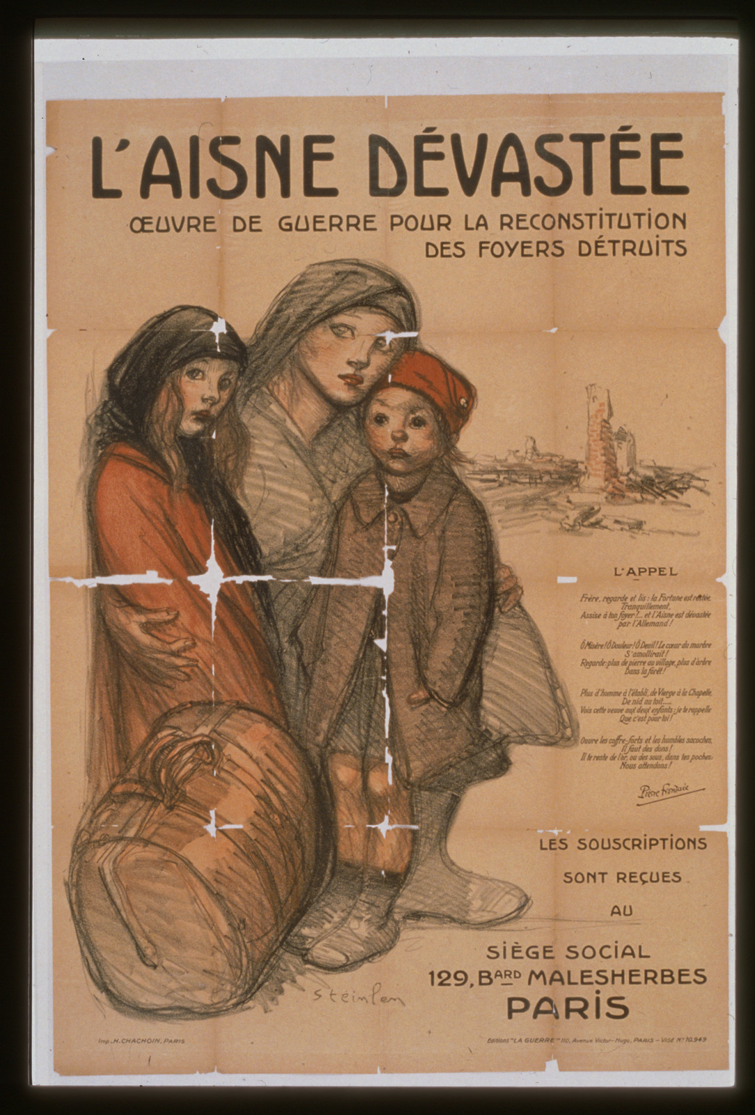 LAisne deacutevasteacutee. Oeuvre de guerre pour la reconstitution des foyers deacutetruits, 1919 — vintage poster