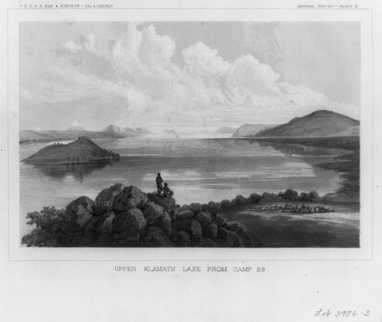 Upper Klamath Lake from Camp 28, [ca. 1855] — antique lithograph