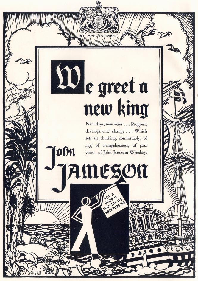 Advertisement for John Jameson Whiskey, "We greet a new king — historic image