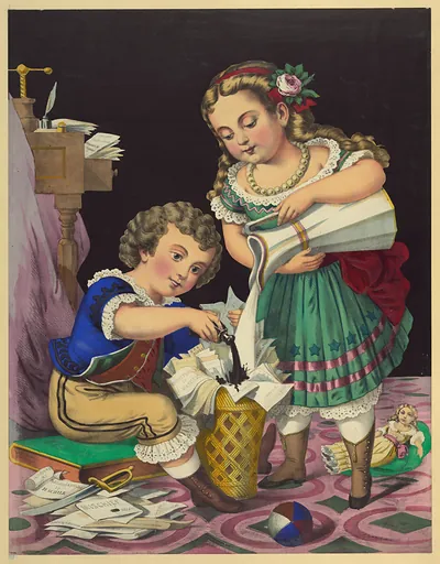 Two children destroying papers into a wicker basket
