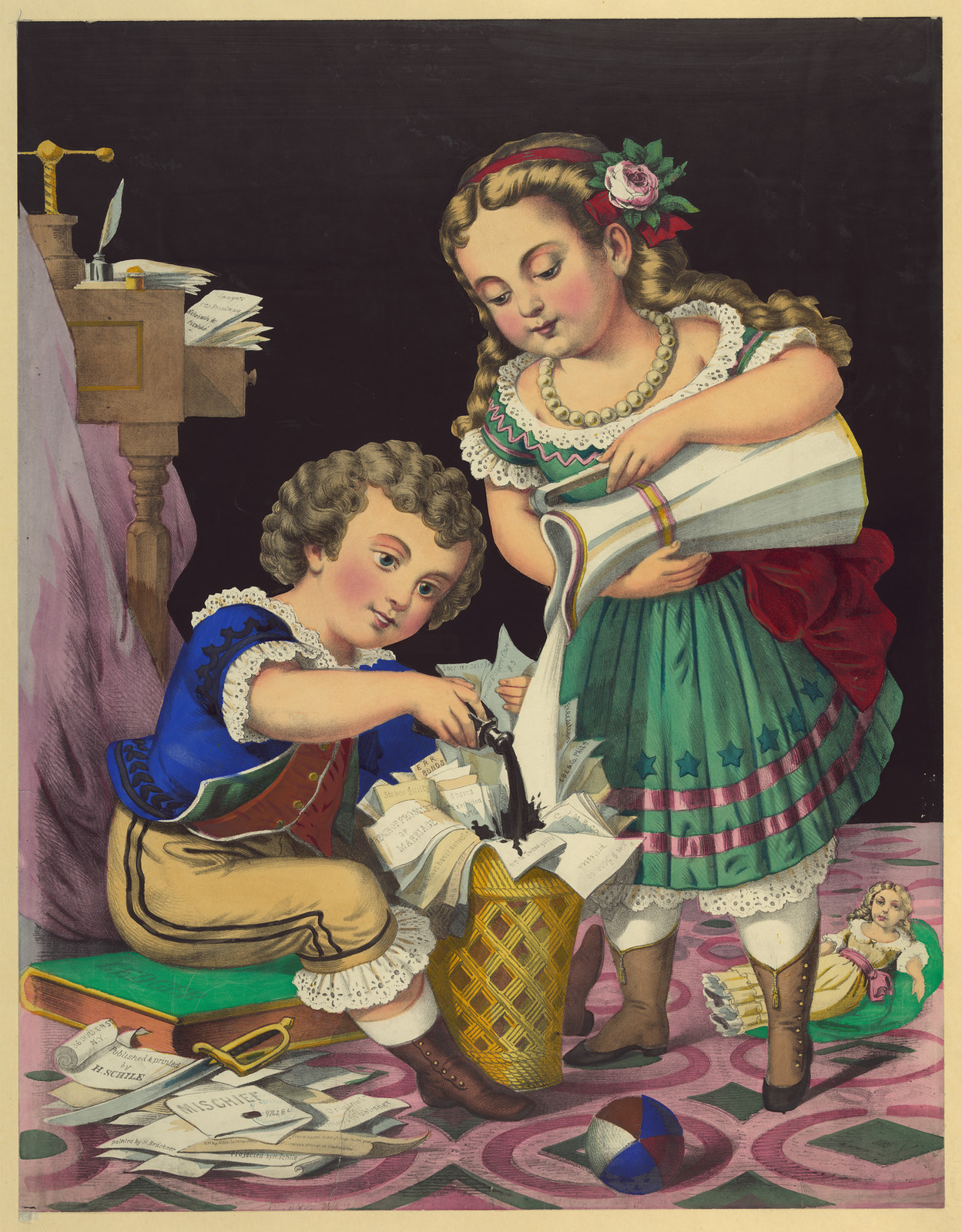 Two children destroying papers into a wicker basket — historic image