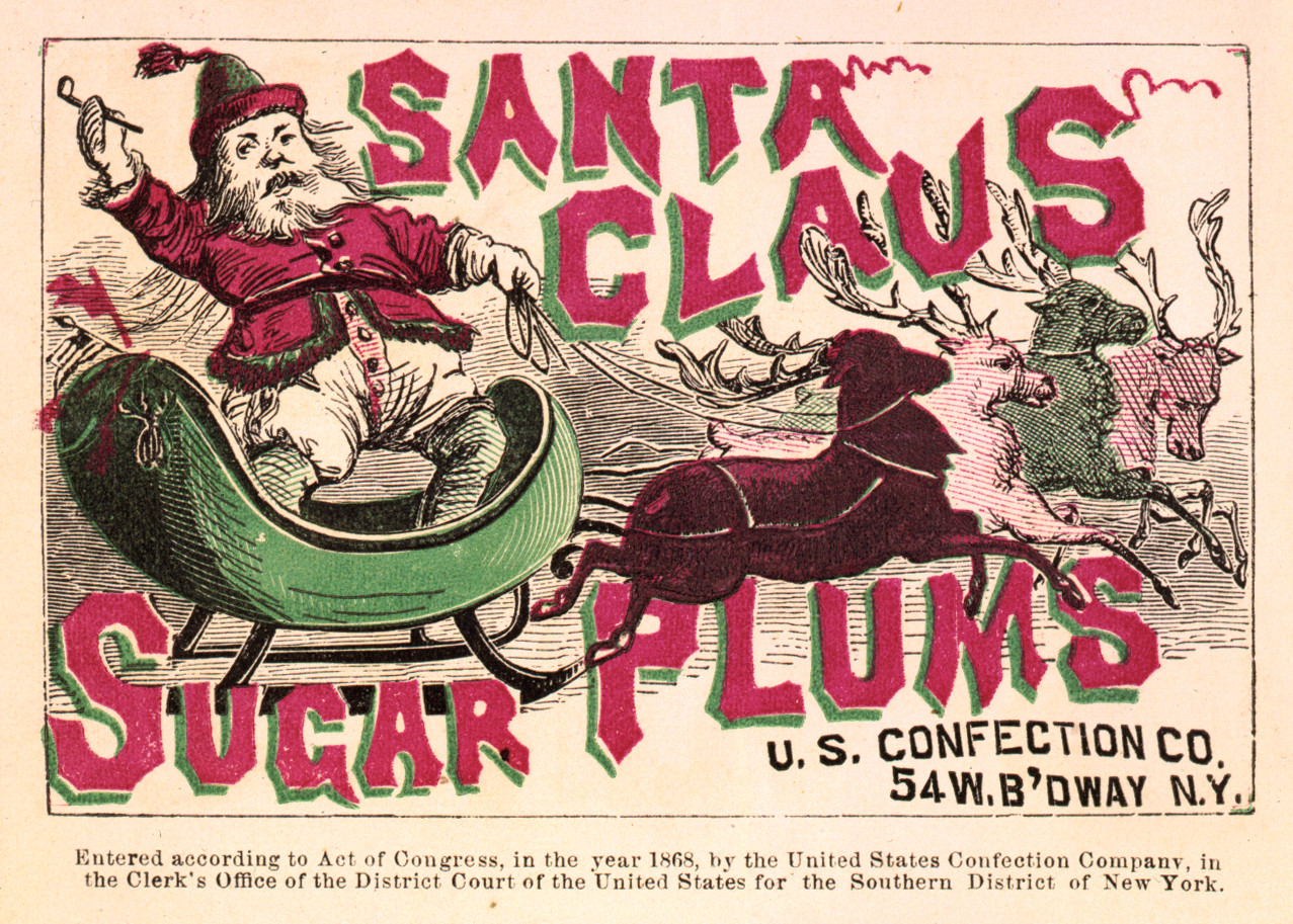 Santa Claus Sugar Plums--U.S. Confection Co., N.Y. (print, engraving, color), c. 1868 — antique engraving