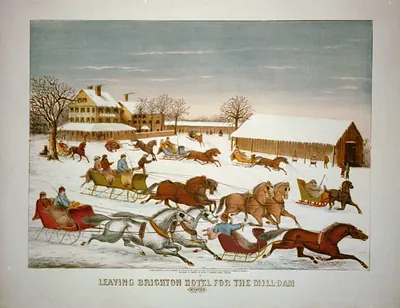 Leaving Brighton hotel for the mill-dam. Winter