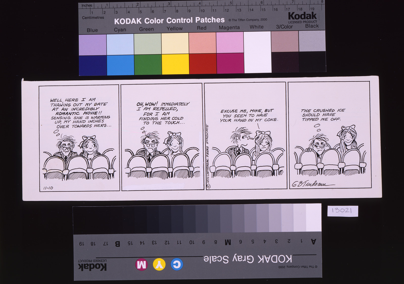 Doonesbury. Well, here I am thawing out my date at an incredibly romantic movie, 1970 Nov. 10 [publication date] — historic drawing