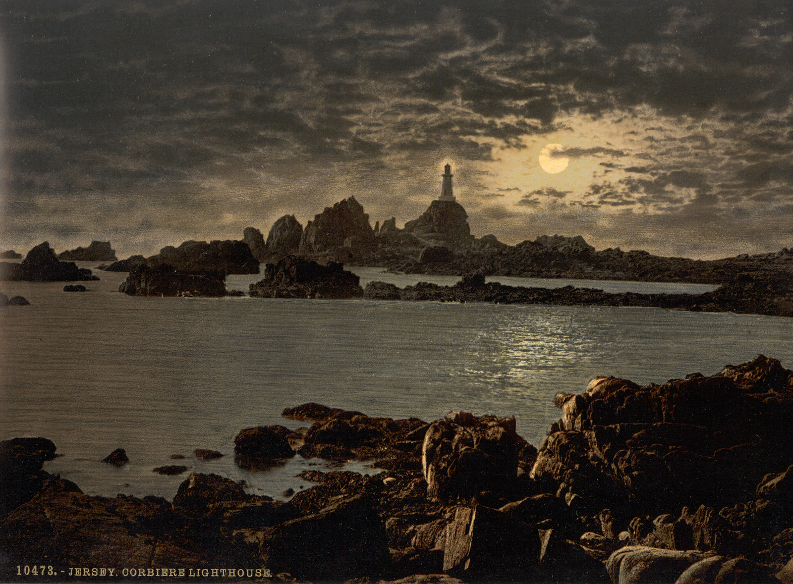[Jersey, Corbiere Lighthouse by moonlight, Channel Islands, England], 1890s — historic image