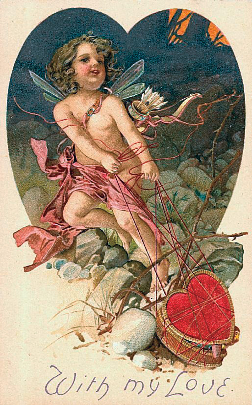 Valentine card with cherub and heart basket, 'With my Love' — historic image